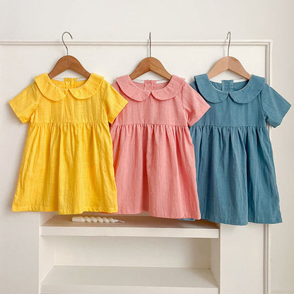 MyKids-USA® Girls’ Solid Color Short Sleeves Peter Pan Collar Cotton Comfy Dress