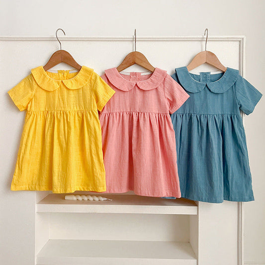 MyKids-USA® Summer Girls’ Solid Color Short Sleeves Peter Pan Collar Cotton Comfy Dress