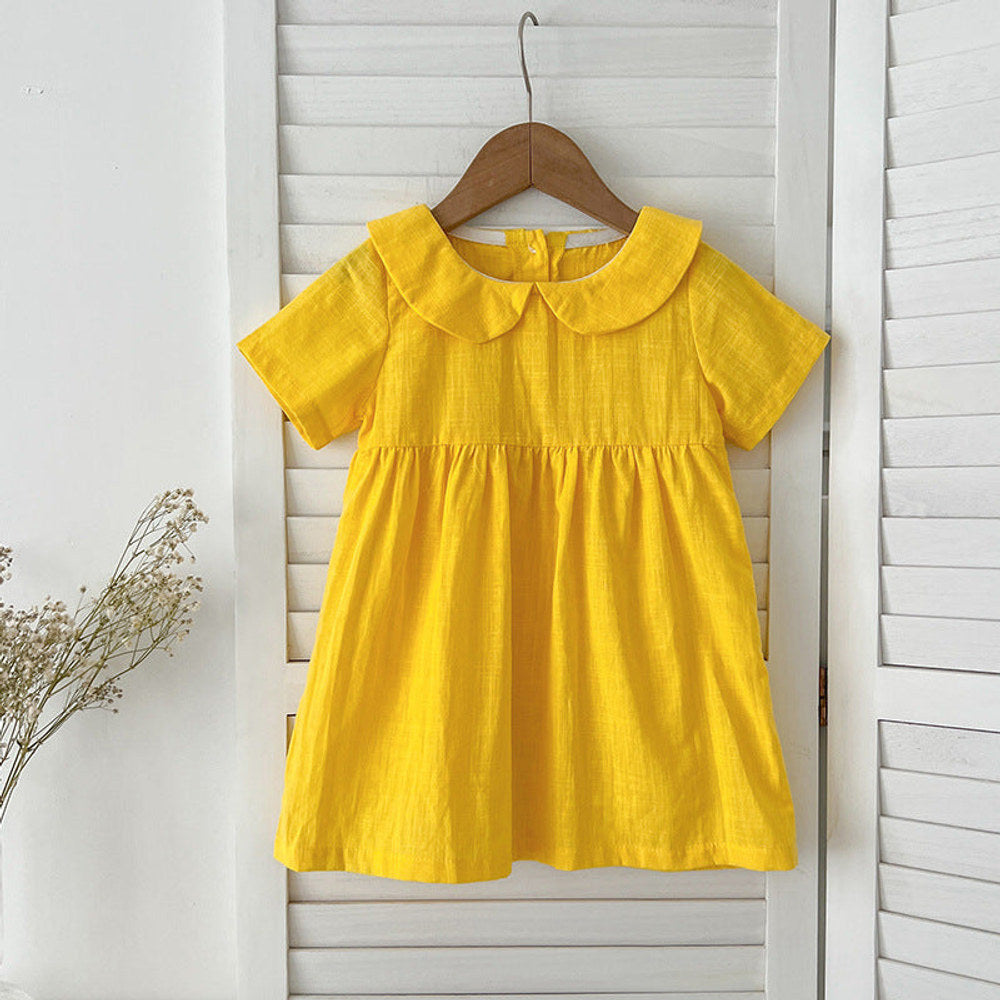 MyKids-USA® Girls’ Solid Color Short Sleeves Peter Pan Collar Cotton Comfy Dress