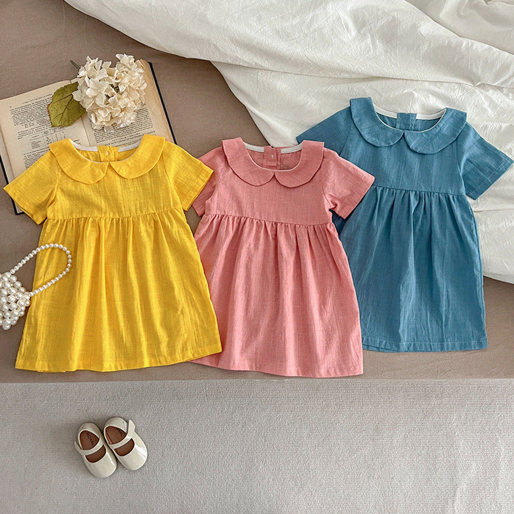 MyKids-USA® Girls’ Solid Color Short Sleeves Peter Pan Collar Cotton Comfy Dress