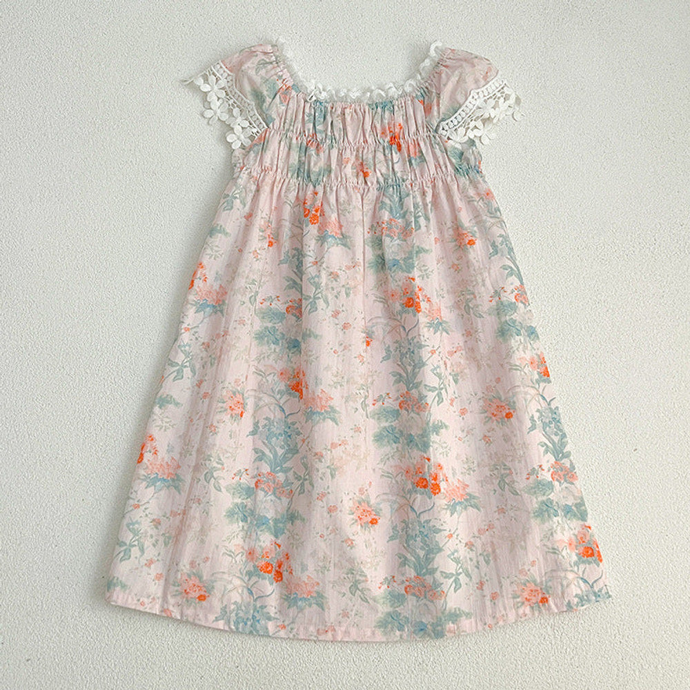 MyKids-USA® Girls’ Classic Lace Sleeves Square Neck Floral Pattern Dress