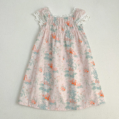 MyKids-USA® Girls’ Classic Lace Sleeves Square Neck Floral Pattern Dress