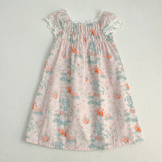 MyKids-USA® Summer Arrival Girls’ Classic Lace Sleeves Square Neck Floral Pattern Dress
