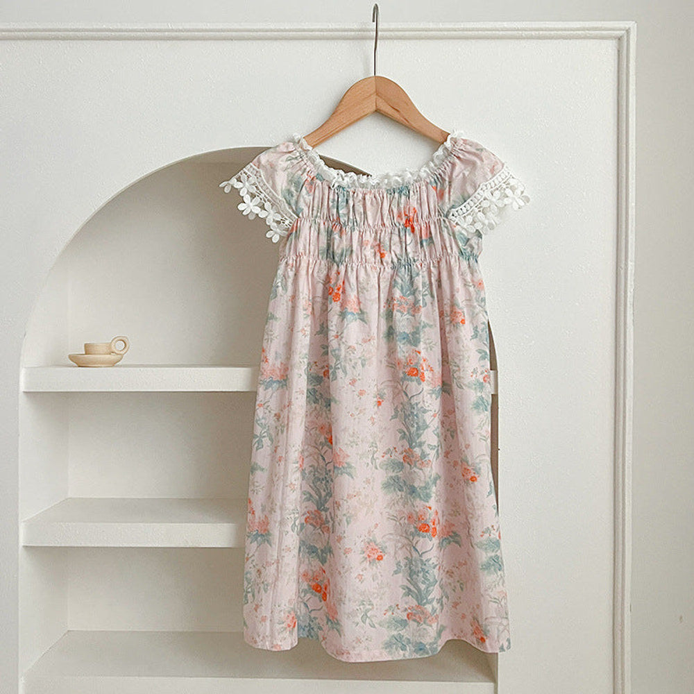 MyKids-USA® Girls’ Classic Lace Sleeves Square Neck Floral Pattern Dress