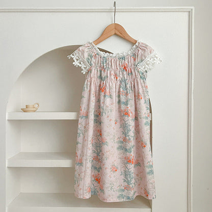 MyKids-USA® Girls’ Classic Lace Sleeves Square Neck Floral Pattern Dress