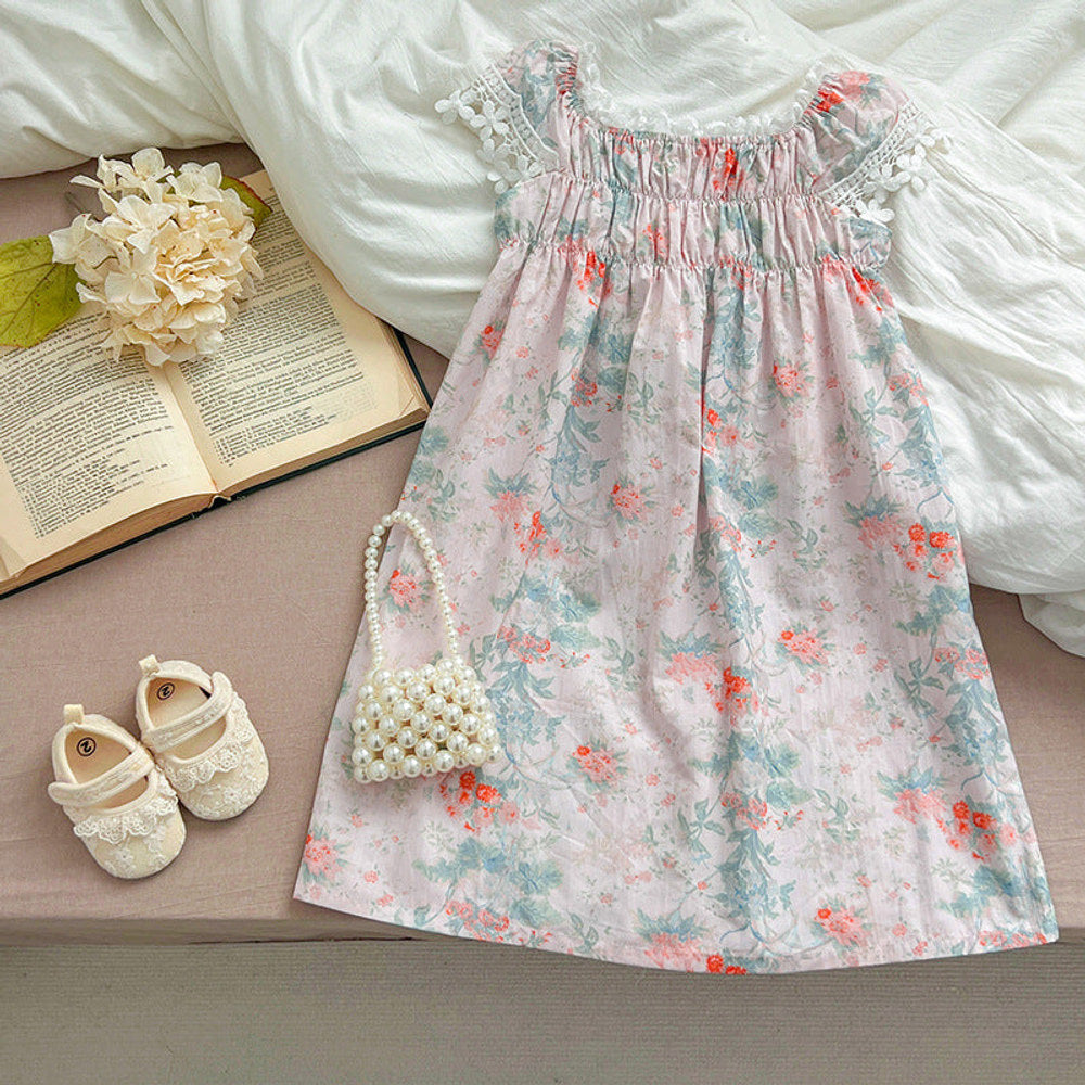 MyKids-USA® Girls’ Classic Lace Sleeves Square Neck Floral Pattern Dress