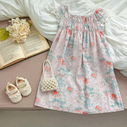 MyKids-USA® Girls’ Classic Lace Sleeves Square Neck Floral Pattern Dress