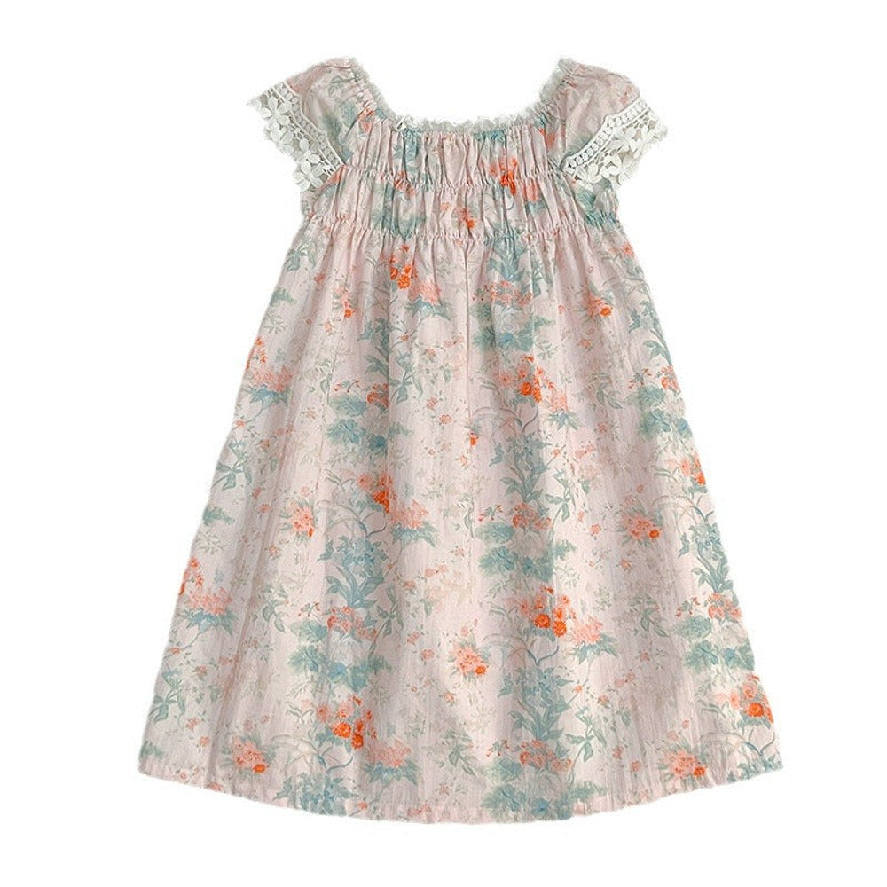 MyKids-USA® Girls’ Classic Lace Sleeves Square Neck Floral Pattern Dress