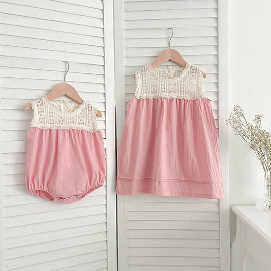 MyKids-USA® Girls Floral Embroidery Lace Patchwork Sleeveless bodysuit And Girls’ Dress – Princess Sister Matching Set