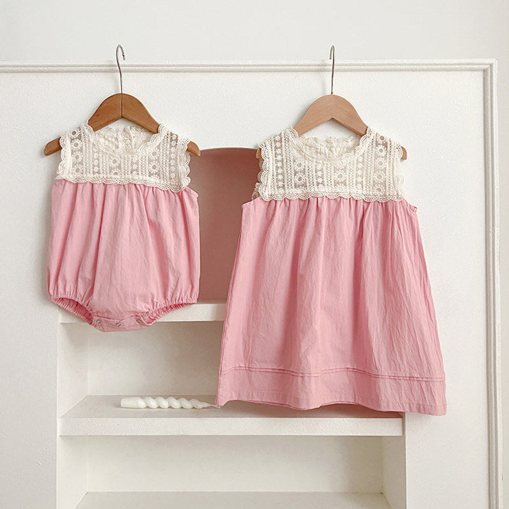 MyKids-USA® Girls Floral Embroidery Lace Patchwork Sleeveless bodysuit And Girls’ Dress – Princess Sister Matching Set