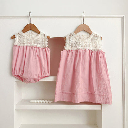 MyKids-USA® Girls Floral Embroidery Lace Patchwork Sleeveless bodysuit And Girls’ Dress – Princess Sister Matching Set