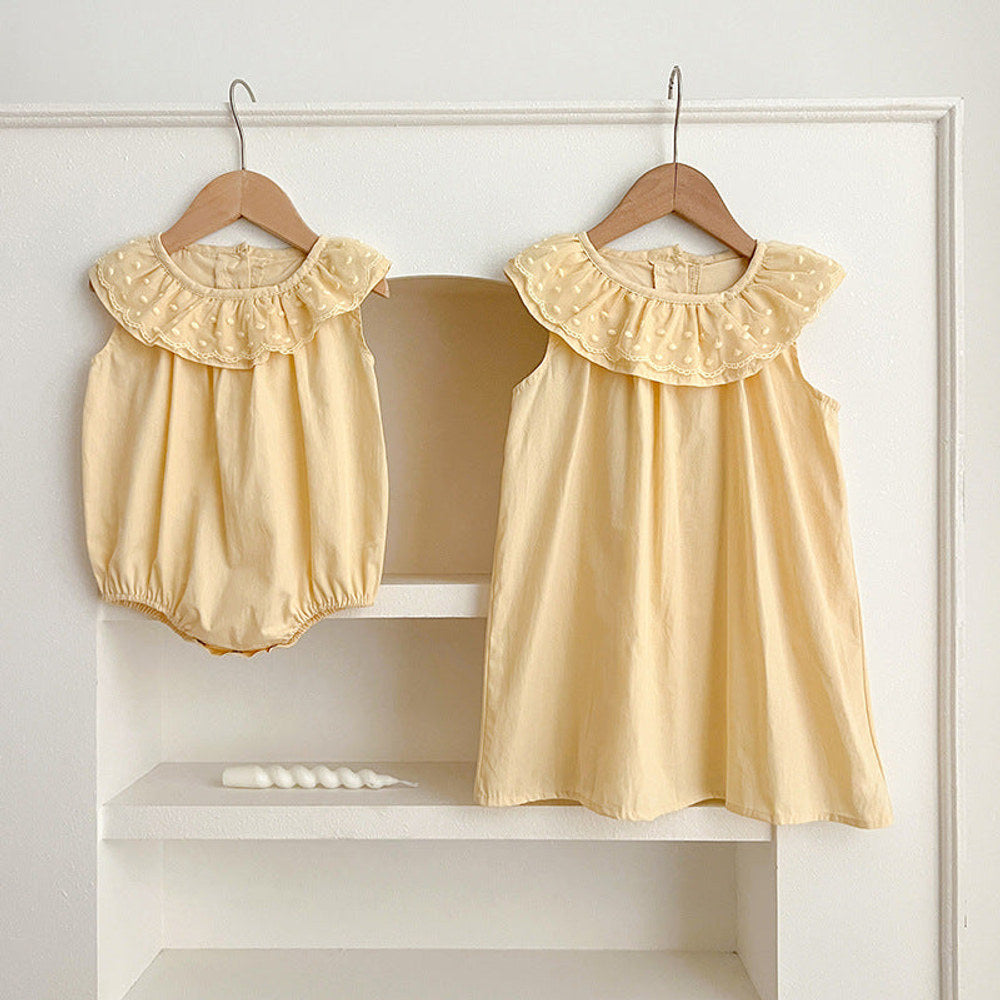 Summer Girls Solid Color Sleeveless Big Collar bodysuit And Girls’ Dress – Princess Sister Matching Set
