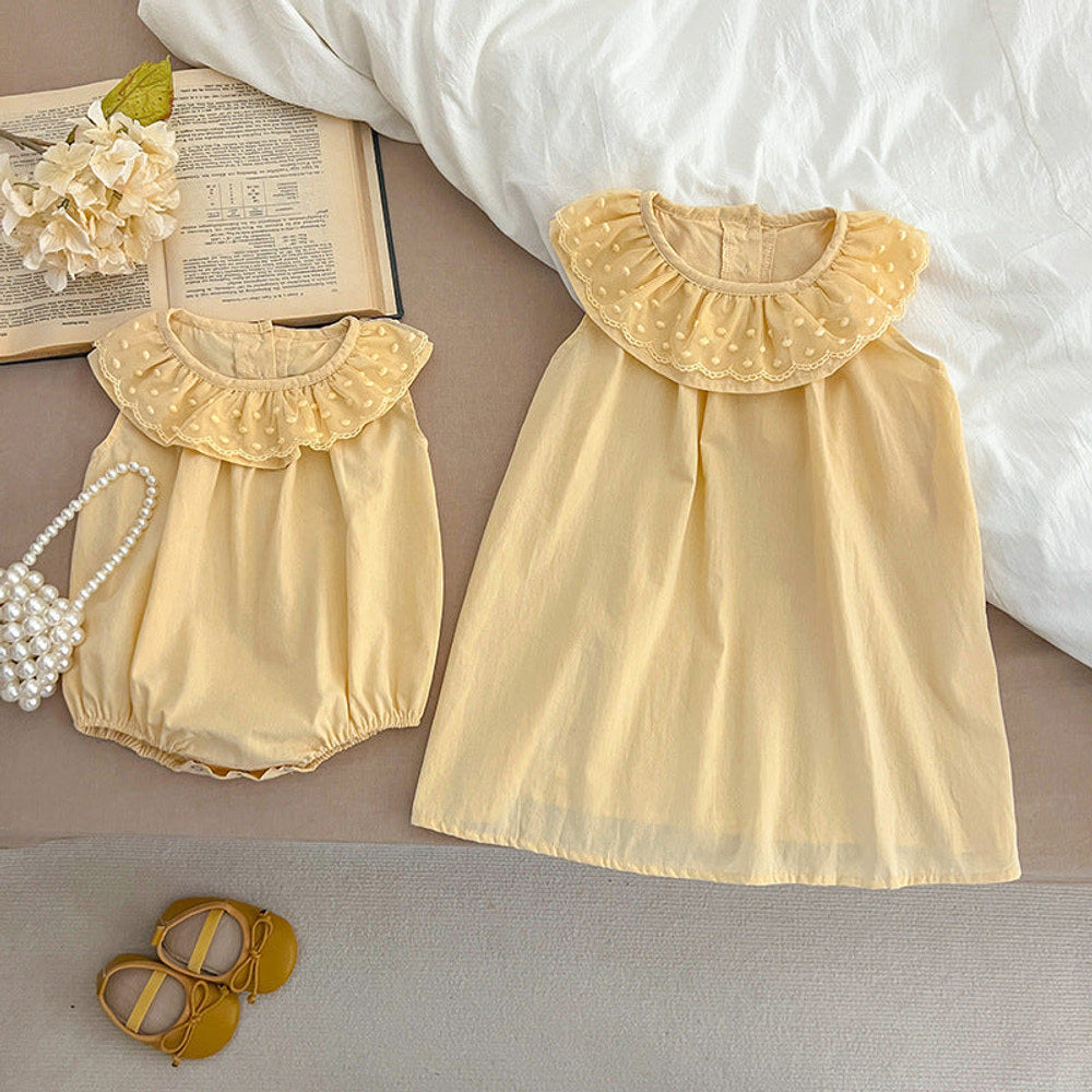 Summer Girls Solid Color Sleeveless Big Collar bodysuit And Girls’ Dress – Princess Sister Matching Set