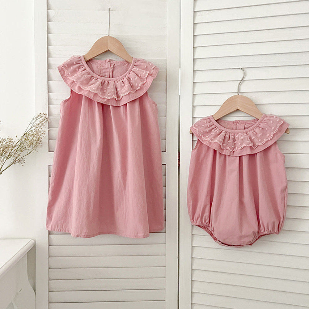 Summer Girls Solid Color Sleeveless Big Collar bodysuit And Girls’ Dress – Princess Sister Matching Set