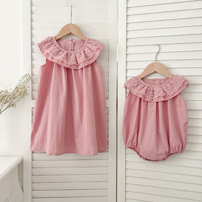 Summer Girls Solid Color Sleeveless Big Collar bodysuit And Girls’ Dress – Princess Sister Matching Set