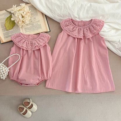 Summer Girls Solid Color Sleeveless Big Collar bodysuit And Girls’ Dress – Princess Sister Matching Set