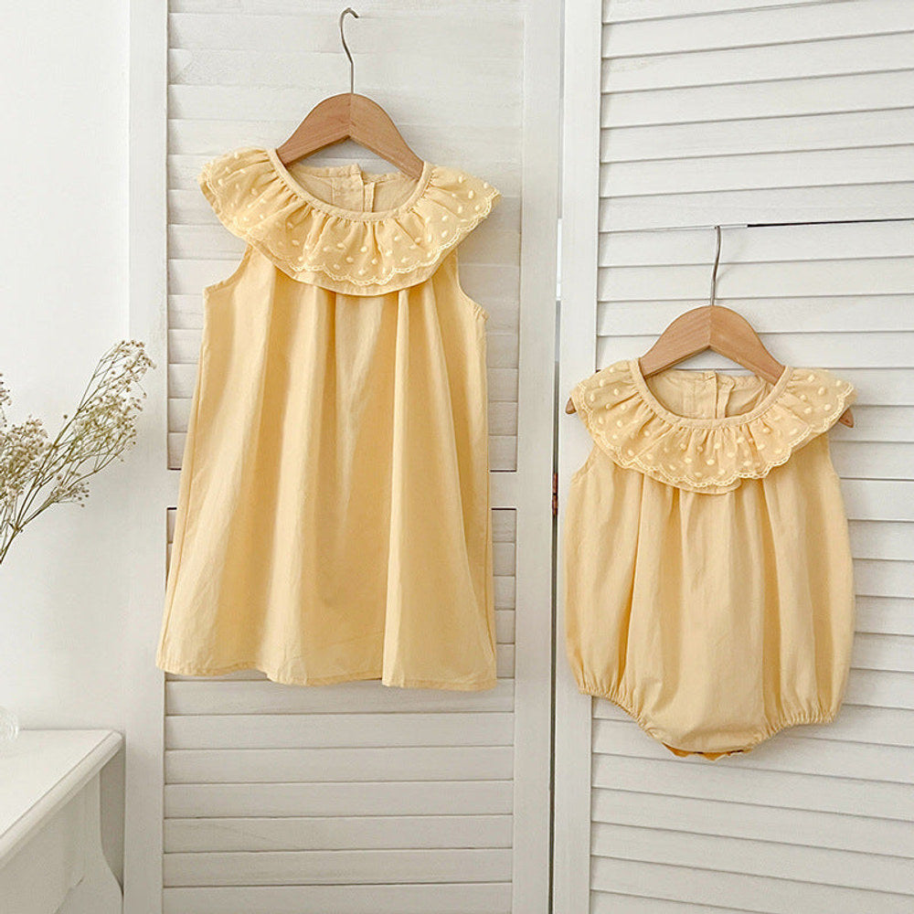 Summer Girls Solid Color Sleeveless Big Collar bodysuit And Girls’ Dress – Princess Sister Matching Set