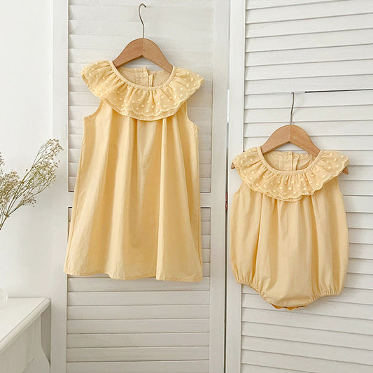 MyKids-USA® Girls Solid Color Sleeveless Big Collar bodysuit And Girls’ Dress – Princess Sister Matching Set