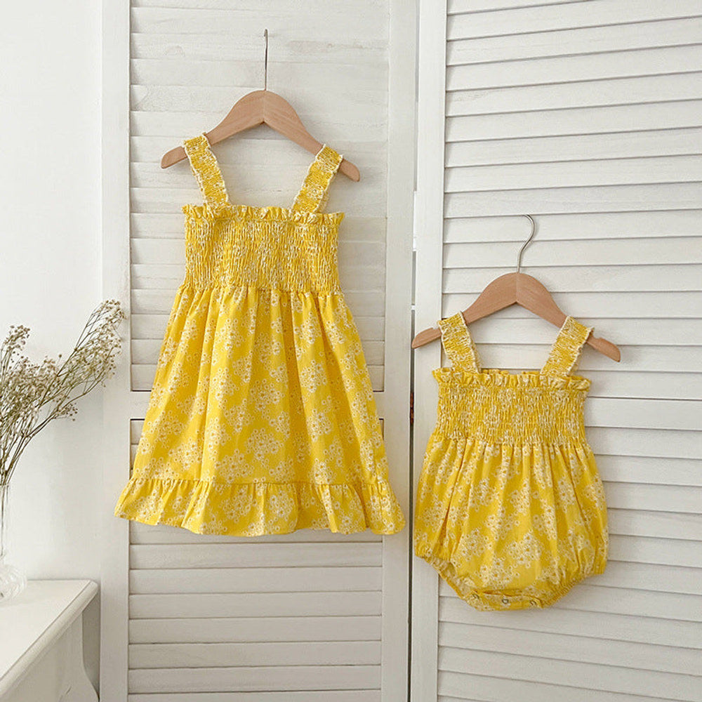MyKids-USA® Girls Floral Pattern Sleeveless Off Shoulder Pleated Strap bodysuit And Girls’ Dress – Princess Sister Matching Set