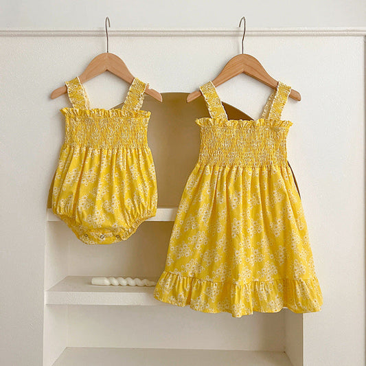 MyKids-USA® Girls Floral Pattern Sleeveless Off Shoulder Pleated Strap bodysuit And Girls’ Dress – Princess Sister Matching Set