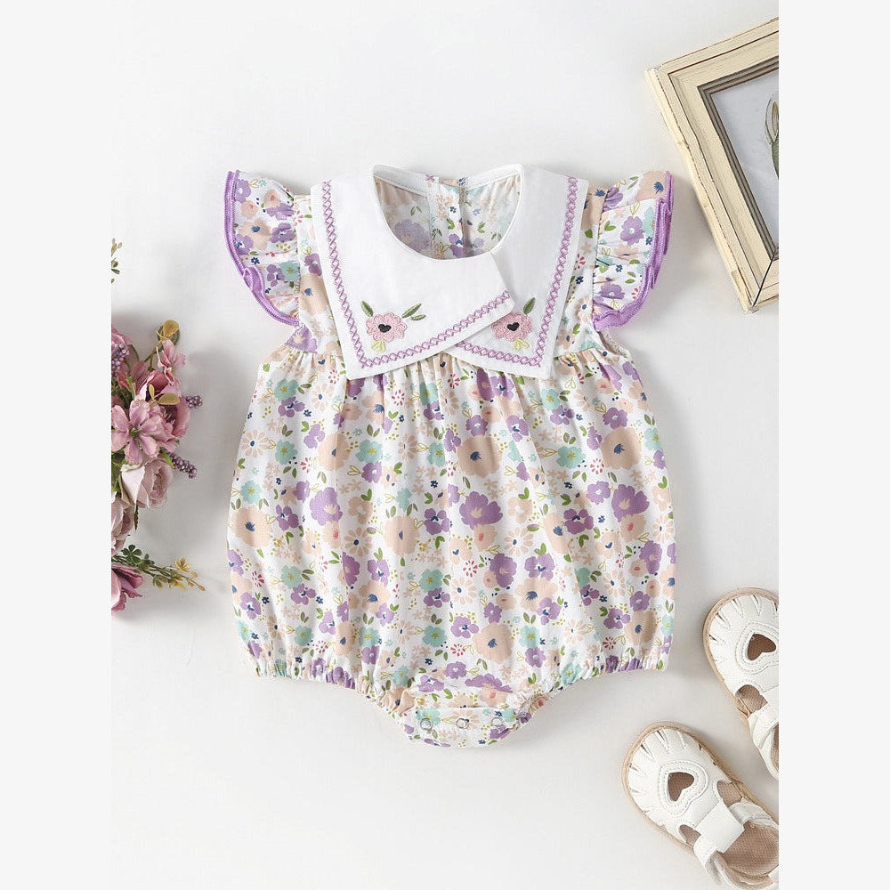 MyKids-USA® Baby Girls Floral Pattern Fly Sleeves Embroidered Collar bodysuit