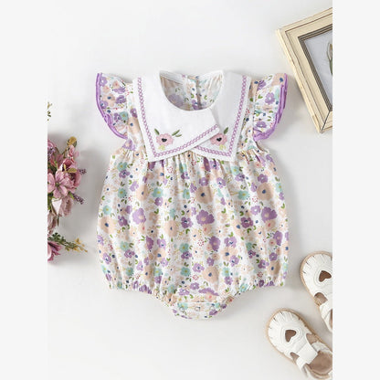 MyKids-USA® Baby Girls Floral Pattern Fly Sleeves Embroidered Collar bodysuit