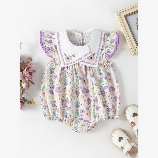 MyKids-USA® Baby Girls Floral Pattern Fly Sleeves Embroidered Collar bodysuit