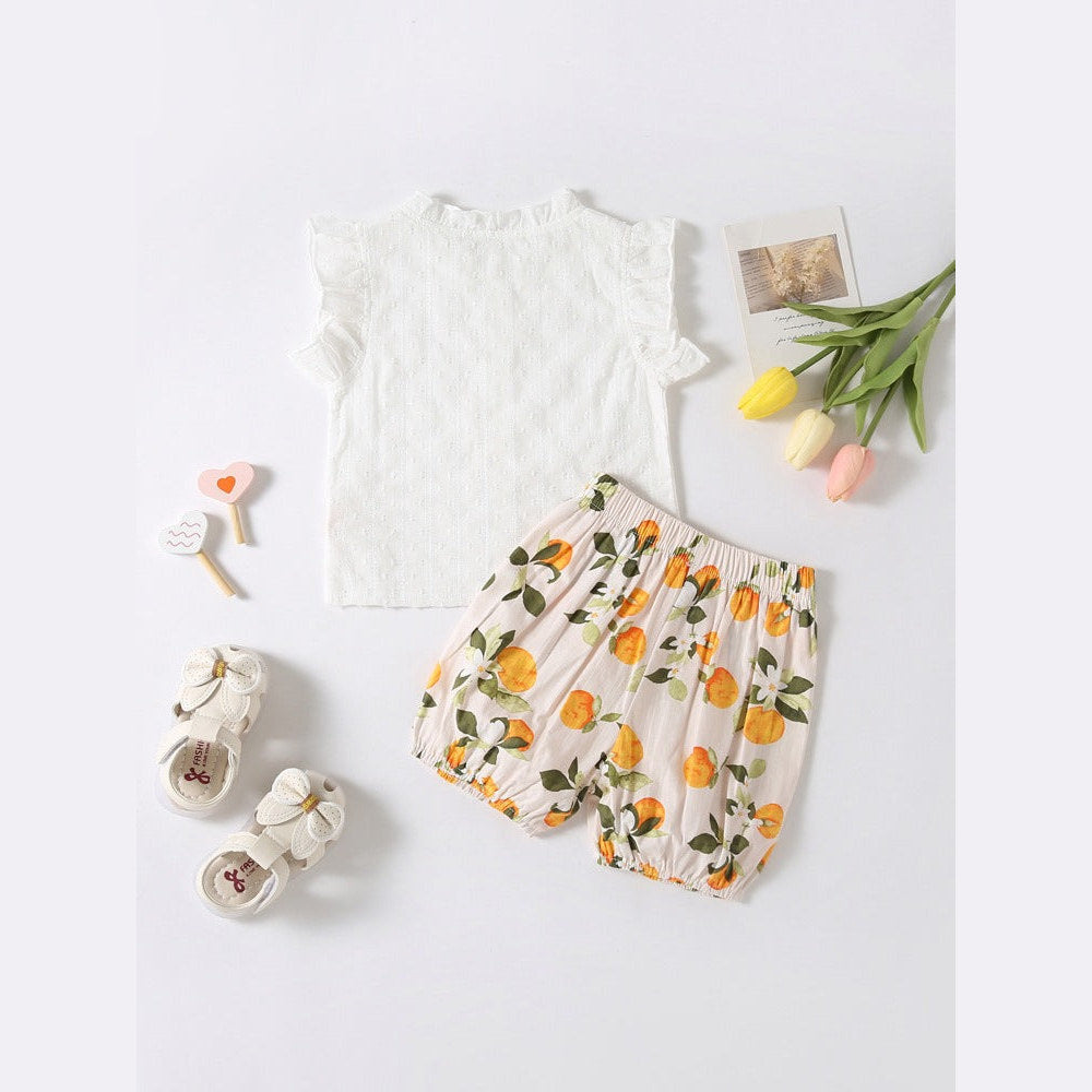 MyKids-USA® Summer Baby Kids Girls Solid Color Striped Pattern Fly Sleeves Top Shirt And Fruits Pattern Shorts Casual Clothing Set
