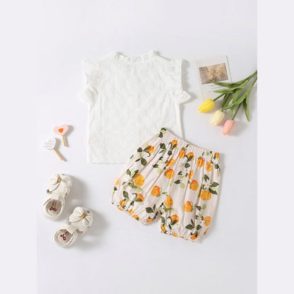 MyKids-USA® Summer Baby Kids Girls Solid Color Striped Pattern Fly Sleeves Top Shirt And Fruits Pattern Shorts Casual Clothing Set