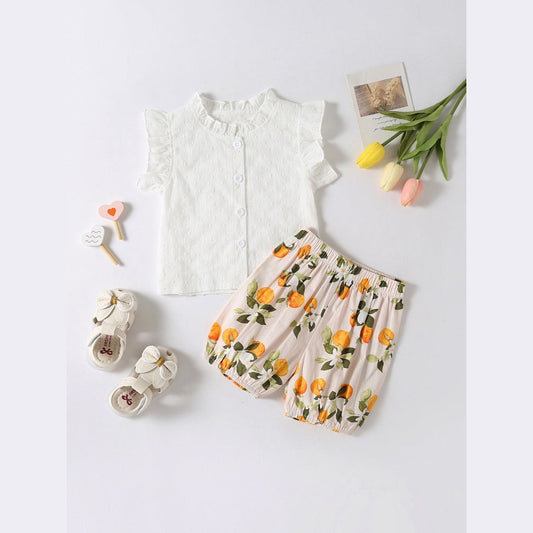 MyKids-USA® Baby Kids Girls Solid Color Striped Pattern Fly Sleeves Top Shirt And Fruits Pattern Shorts Casual Clothing Set