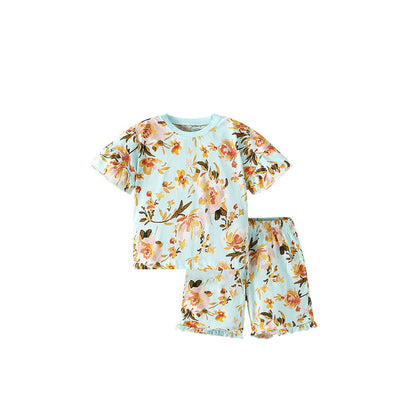 MyKids-USA® Baby Kids Girls Floral Print Short Sleeves T-Shirt And Shorts Casual Clothing Set