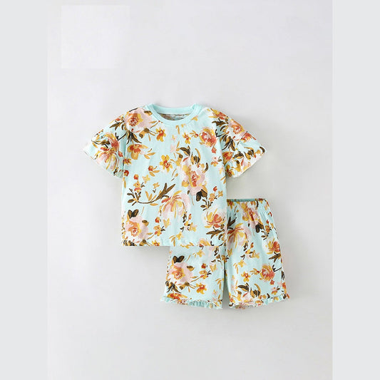 MyKids-USA® Baby Kids Girls Floral Print Short Sleeves T-Shirt And Shorts Casual Clothing Set