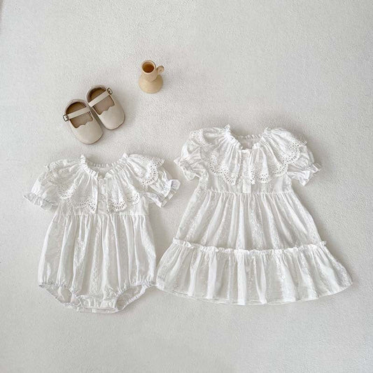 MyKids-USA® Baby Kids Girls Hollow Out Collar Short Sleeves Solid Color Floral Embroidery bodysuit And Dress – Princess Sister Matching Set