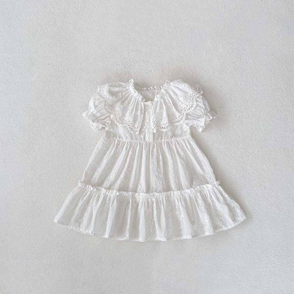 MyKids-USA® Baby Kids Girls Hollow Out Collar Short Sleeves Solid Color Floral Embroidery bodysuit And Dress – Princess Sister Matching Set