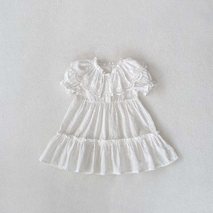 MyKids-USA® Baby Kids Girls Hollow Out Collar Short Sleeves Solid Color Floral Embroidery bodysuit And Dress – Princess Sister Matching Set