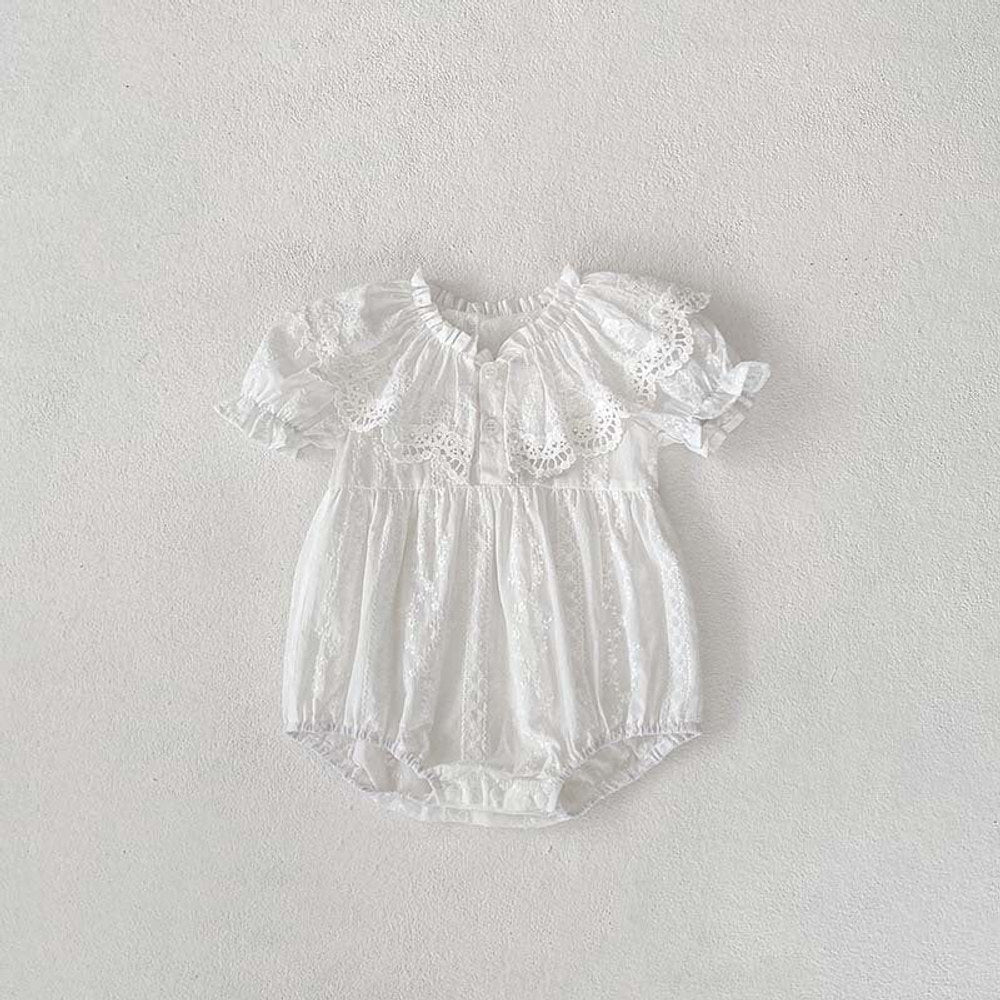 MyKids-USA® Baby Kids Girls Hollow Out Collar Short Sleeves Solid Color Floral Embroidery bodysuit And Dress – Princess Sister Matching Set