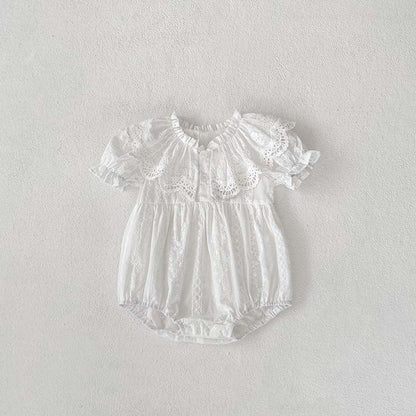 MyKids-USA® Baby Kids Girls Hollow Out Collar Short Sleeves Solid Color Floral Embroidery bodysuit And Dress – Princess Sister Matching Set