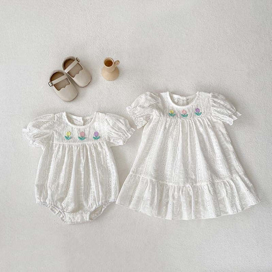 MyKids-USA® Baby Girls Flowers Embroidery Pattern Hollow Out Short Sleeves bodysuit
