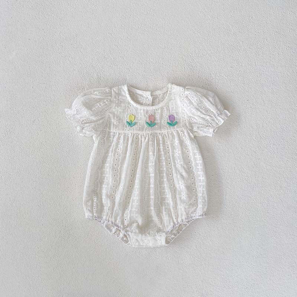 MyKids-USA® Baby Girls Flowers Embroidery Pattern Hollow Out Short Sleeves bodysuit