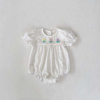 MyKids-USA® Baby Girls Flowers Embroidery Pattern Hollow Out Short Sleeves bodysuit
