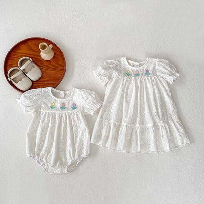 MyKids-USA® Baby Girls Flowers Embroidery Pattern Hollow Out Short Sleeves bodysuit