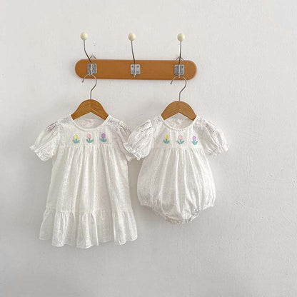 MyKids-USA® Baby Girls Flowers Embroidery Pattern Hollow Out Short Sleeves bodysuit