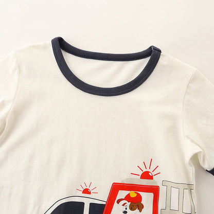 MyKids-USA® Baby Kids Boys Emergency Cars Cartoon Pattern T-Shirt And Solid Color Shorts Clothing Set