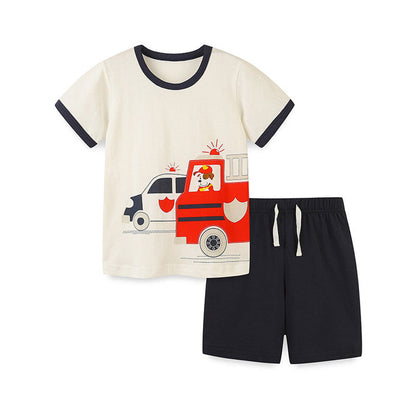 MyKids-USA® Baby Kids Boys Emergency Cars Cartoon Pattern T-Shirt And Solid Color Shorts Clothing Set