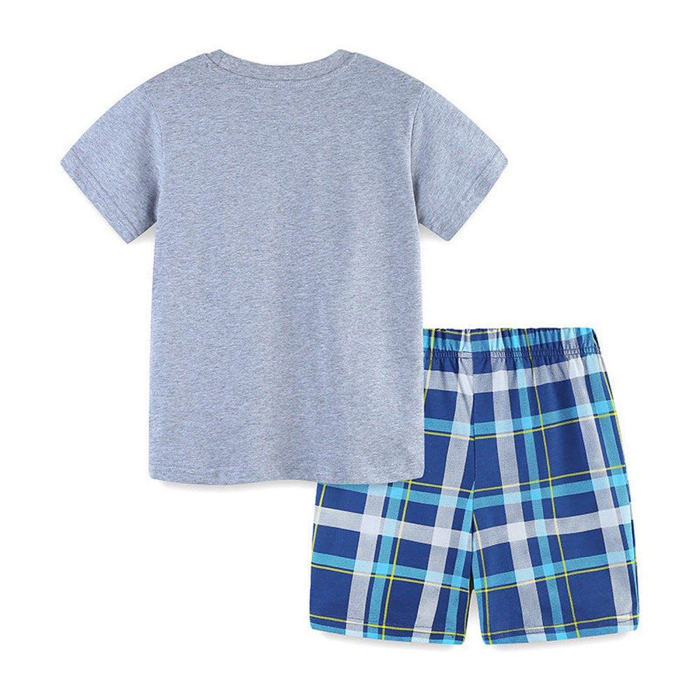 MyKids-USA® Baby Kids Boys Excavator Cartoon Print T-Shirt And Plaid Shorts Clothing Set