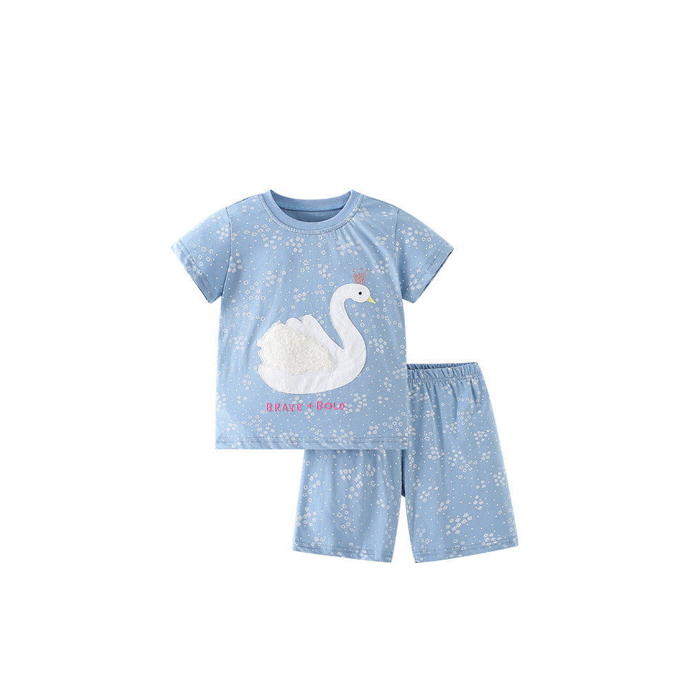 MyKids-USA® Baby Kids Girls Swan Cartoon Pattern Short Sleeves T-Shirt And Shorts Casual Clothing Set