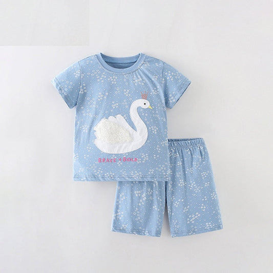 MyKids-USA® Baby Kids Girls Swan Cartoon Pattern Short Sleeves T-Shirt And Shorts Casual Clothing Set