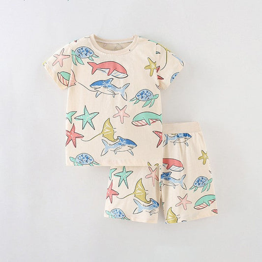 MyKids-USA® Baby Kids Girls Marine Animals Cartoon Pattern Short Sleeves T-Shirt And Shorts Casual Clothing Set