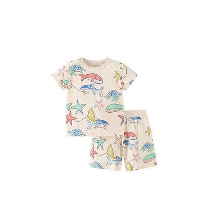 MyKids-USA® Baby Kids Girls Marine Animals Cartoon Pattern Short Sleeves T-Shirt And Shorts Casual Clothing Set