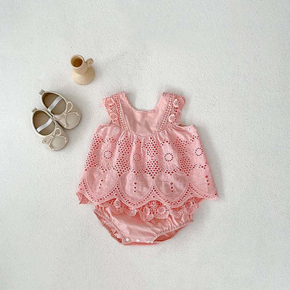 MyKids-USA® Baby Girls Sleeveless Solid Color Hollow Out Design Strap Top Dress And Bloomers Clothing Set
